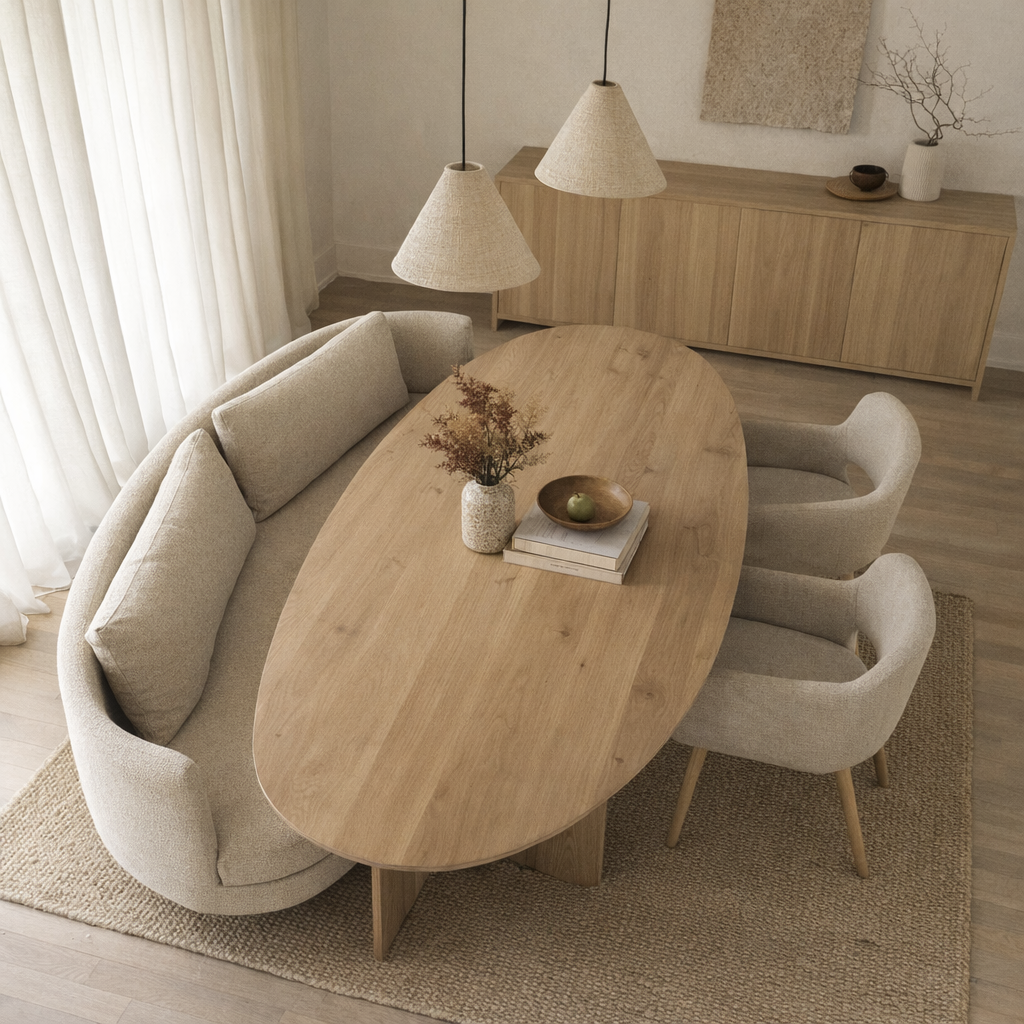 Beige eetkamerbank James van HoekbankXXL, met afgeronde rugleuning en zachte bekleding, in een sfeervolle interieursetting.
