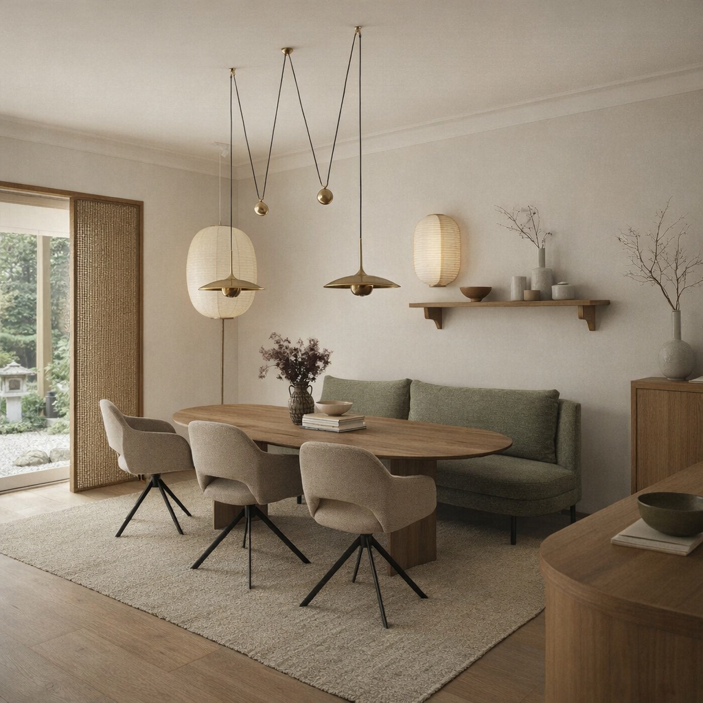 Groene eetkamerbank James van HoekbankXXL, gestoffeerd, geplaatst in een eetkamer met een houten eettafel en stoelen.
