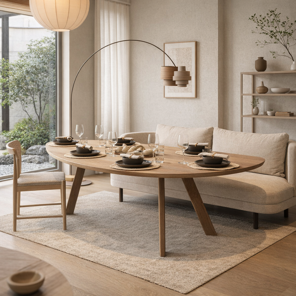 Eetkamerbank James van HoekbankXXL, met zachte bekleding en kussens, onder een houten eettafel met stoelen.
