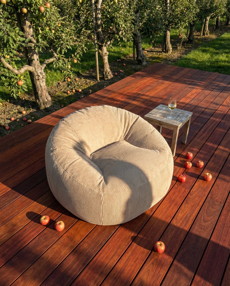 Beige Loungestoel voor in de tuin, met een glas wijn ernaast in een applegaard